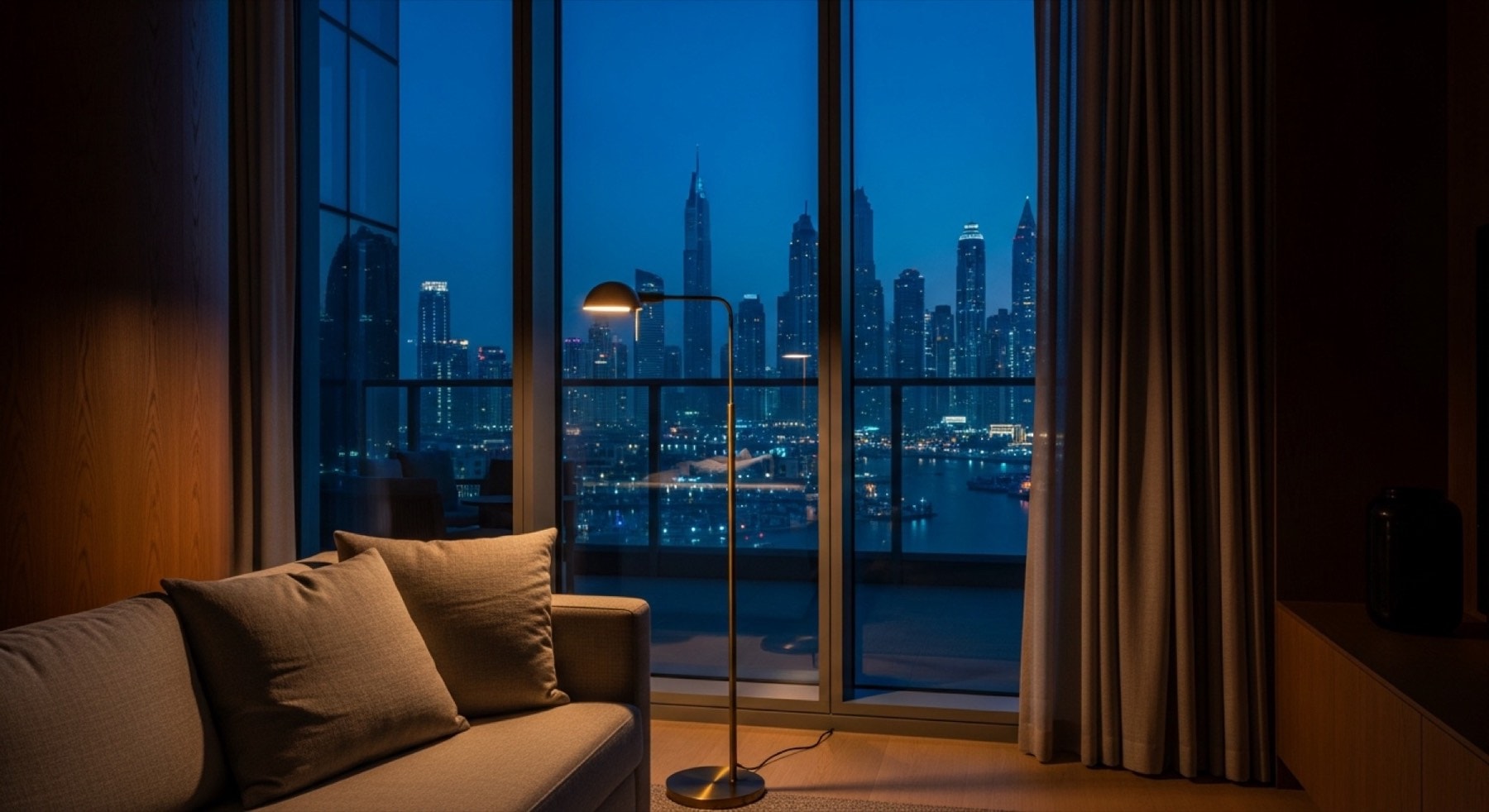 Warmes Penthouse-Interieur mit Skyline-Blick
