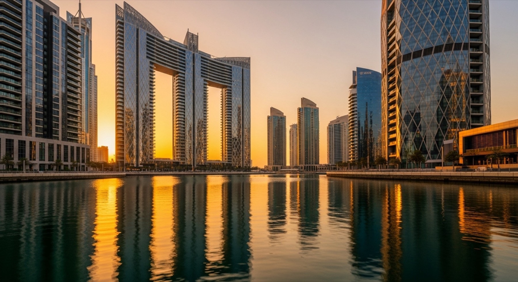 Dubai-Skyline am Wasser bei Golden Hour