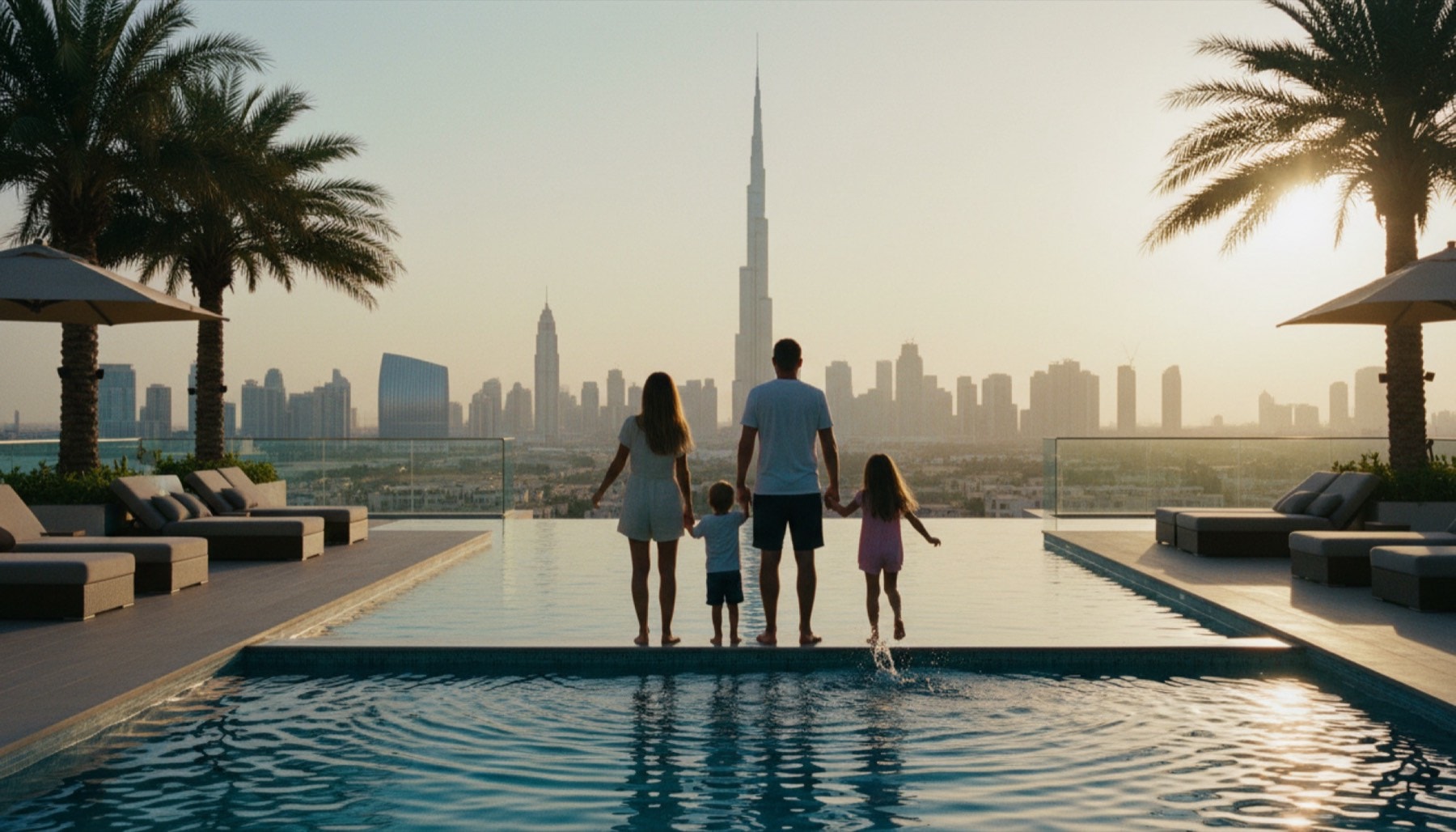 Familie blickt von einer Dubai-Dachterrasse auf die Skyline bei Golden Hour