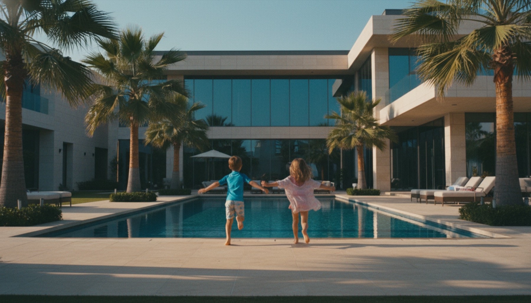 Kinder am Pool einer Luxusvilla in Dubai
