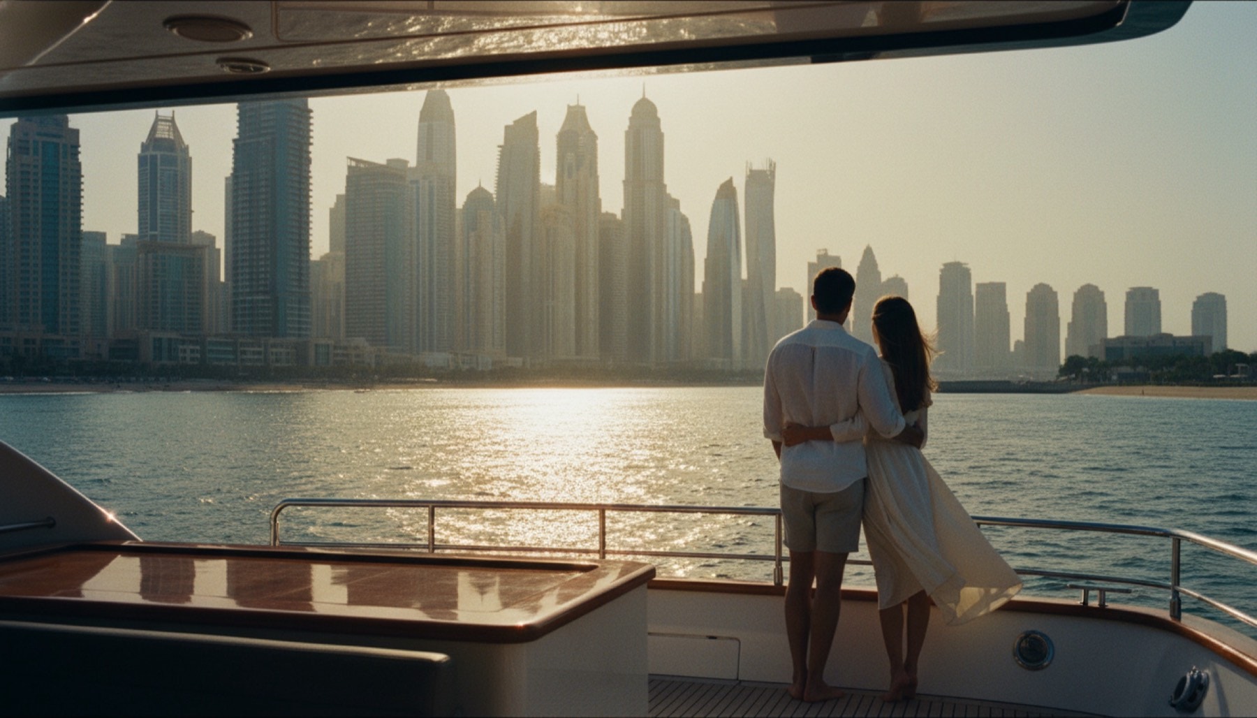 Paar auf einer Yacht in der Dubai Marina bei Sonnenschein