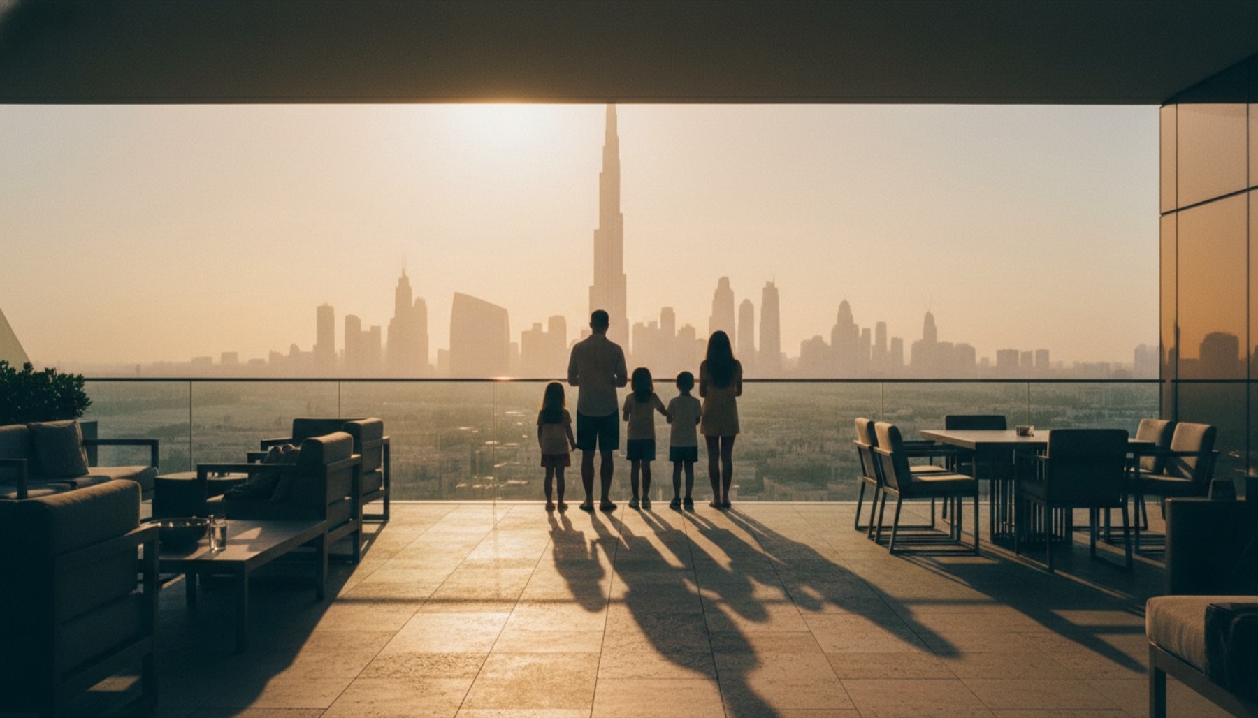 Familie blickt von einer Dubai-Terrasse auf die Skyline bei Golden Hour