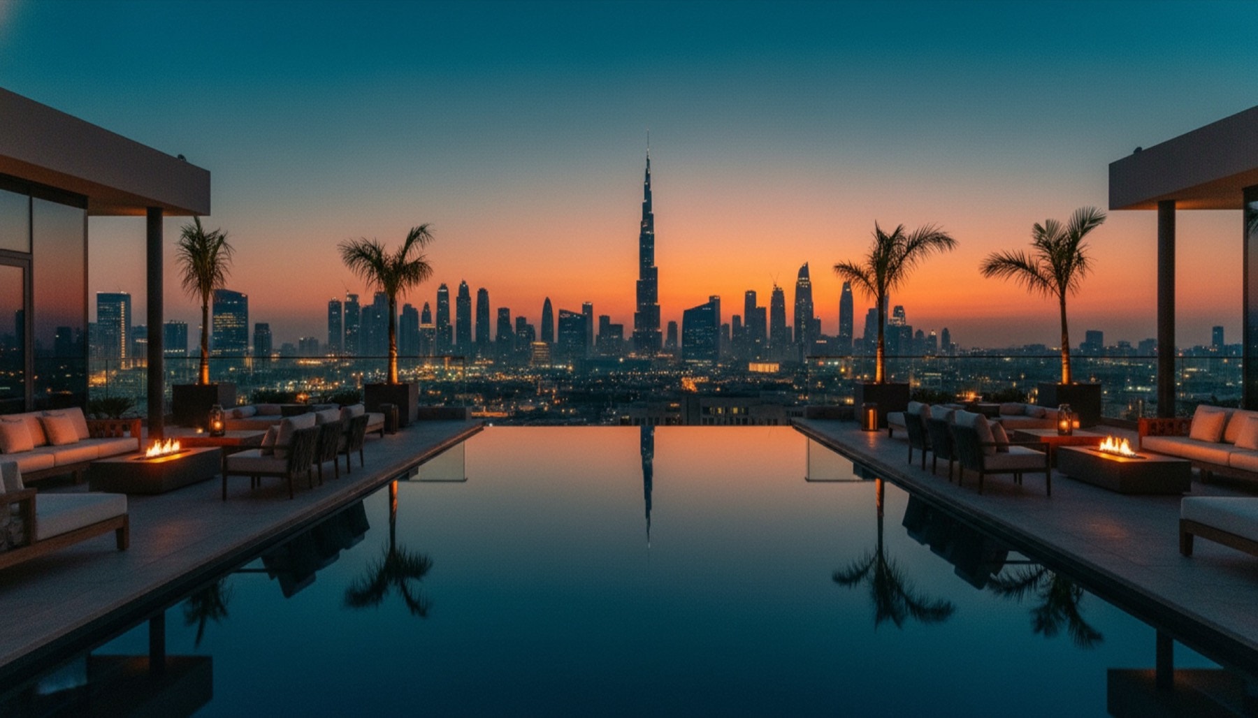 Luxus-Penthouse-Terrasse mit Infinity-Pool und Dubai-Skyline bei Dämmerung