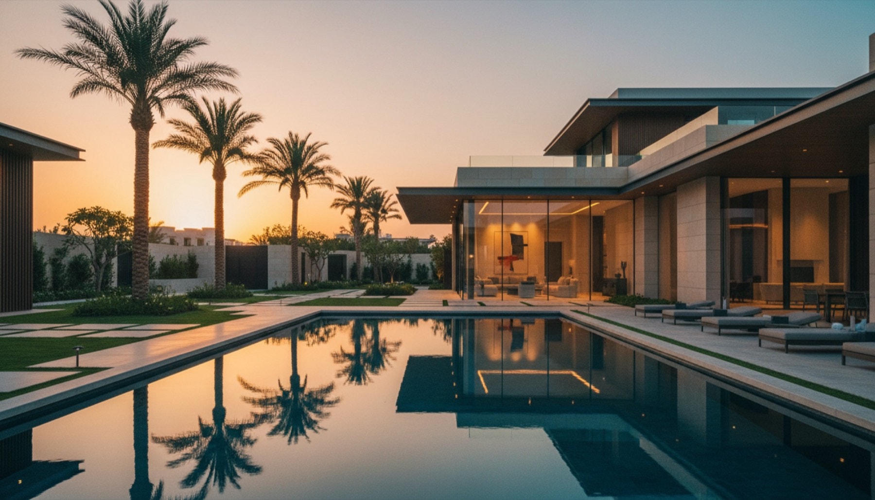 Luxusvilla mit Pool in Dubai bei Golden Hour