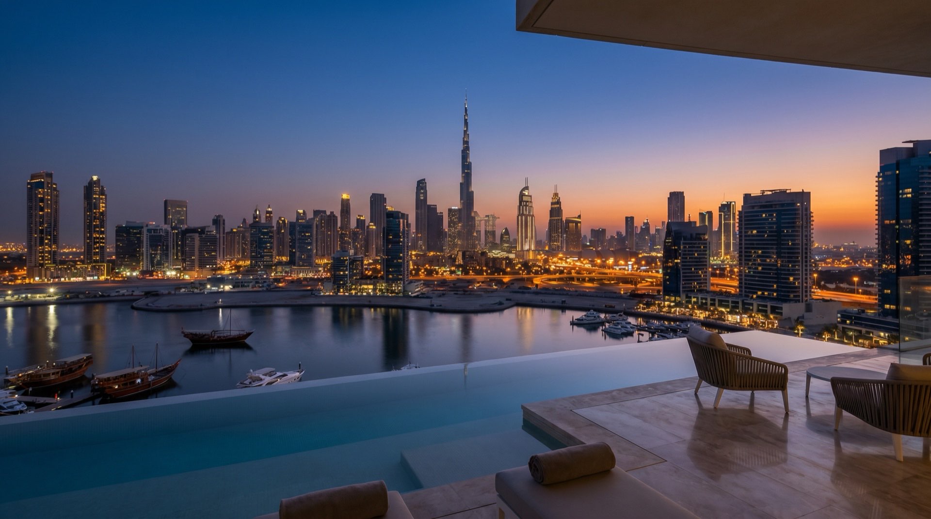 Blick auf die Skyline von Dubai im Abendlicht von einer modernen Terrasse, goldene Stunde, ruhige editoriale Komposition