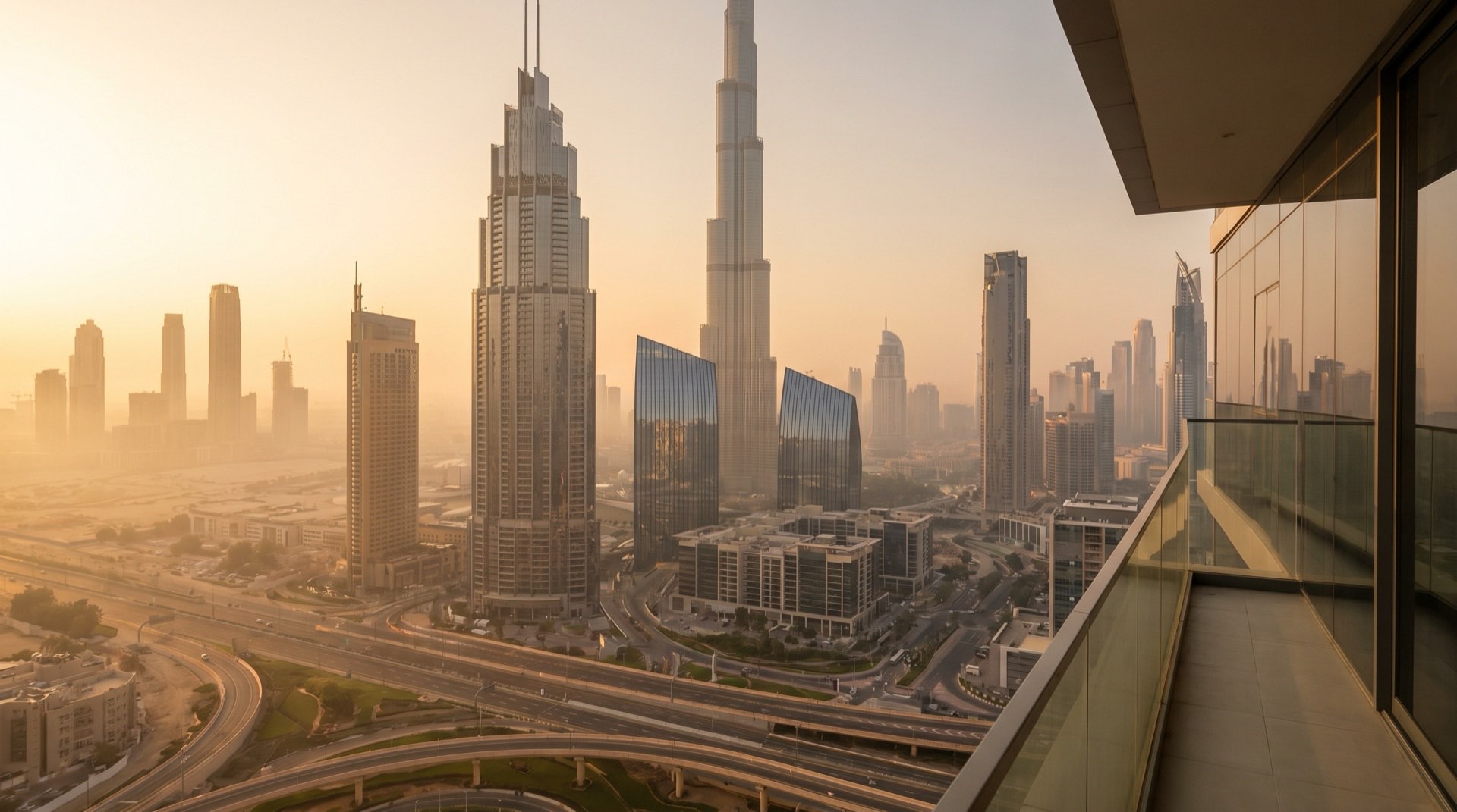Moderner Wohnkomplex in Dubai mit Infinity-Pool und Skyline im Abendlicht