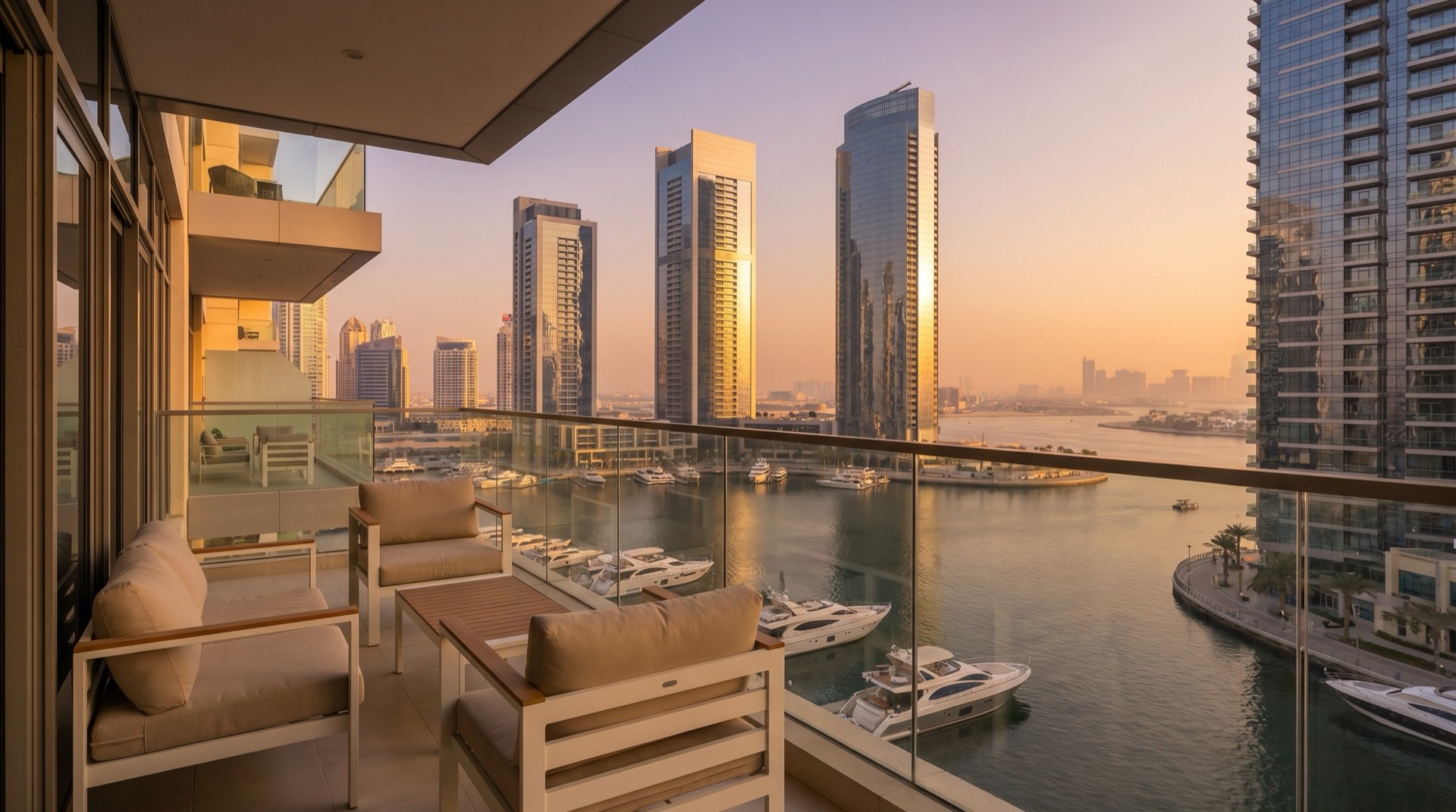 Moderne Dubai-Skyline mit Hochhäusern im goldenen Abendlicht, reflektiert im ruhigen Wasser des Dubai Creek Harbour, Stand 2026