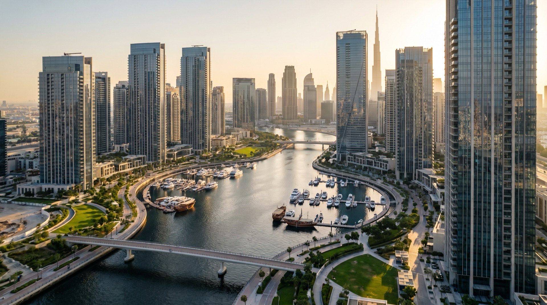 Blick über den Dubai Creek in der Abenddämmerung mit moderner Uferarchitektur von Creek Harbour im Hintergrund