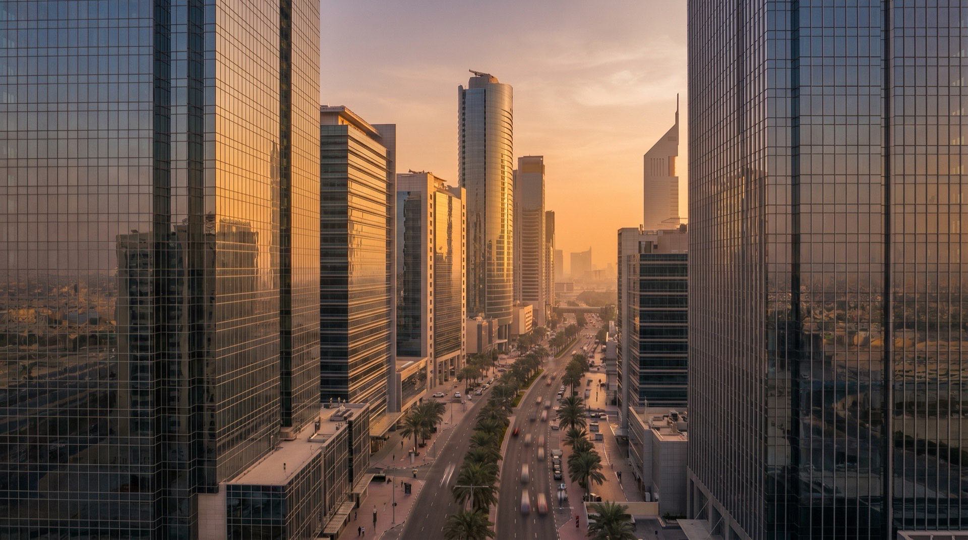 Moderne Hochhaus-Fassade in Dubai bei warmem Abendlicht, goldene Reflexionen auf Glas und Stahl