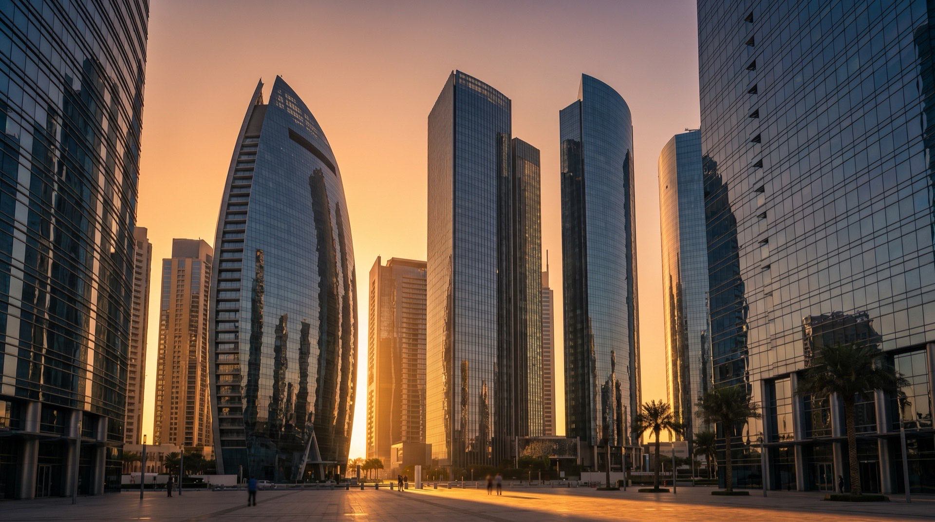 Modernes Bankgebäude im Dubai International Financial Centre bei goldenem Abendlicht, ruhige Komposition ohne Personen im Vordergrund