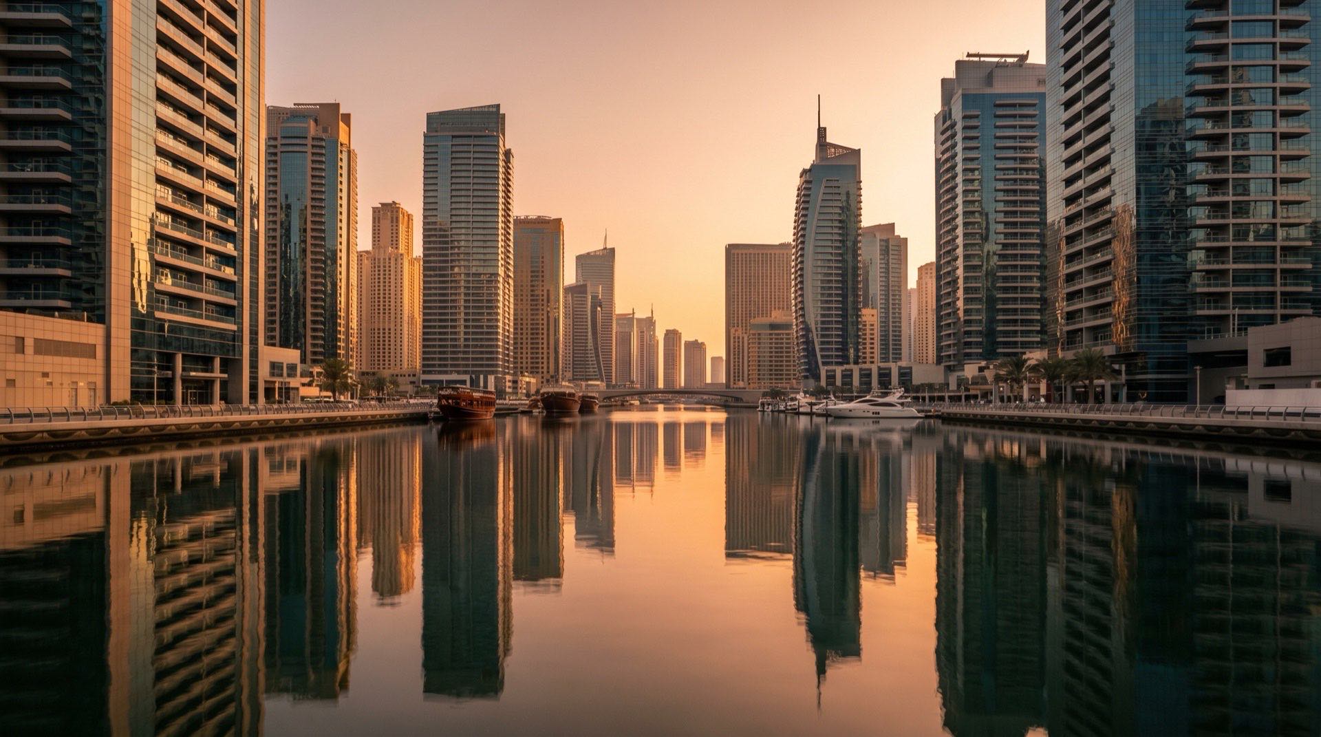 Moderne Hochhausfassaden in Dubai Business Bay im goldenen Abendlicht, ruhige editoriale Weitwinkelperspektive
