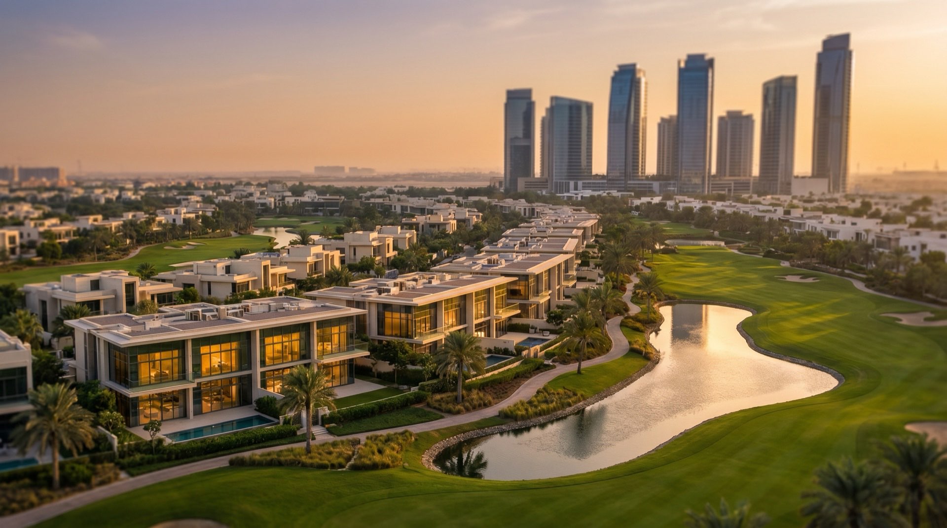 Wohnanlage in Dubai Hills Estate bei Abendsonne mit Grünflächen und modernen Townhouses