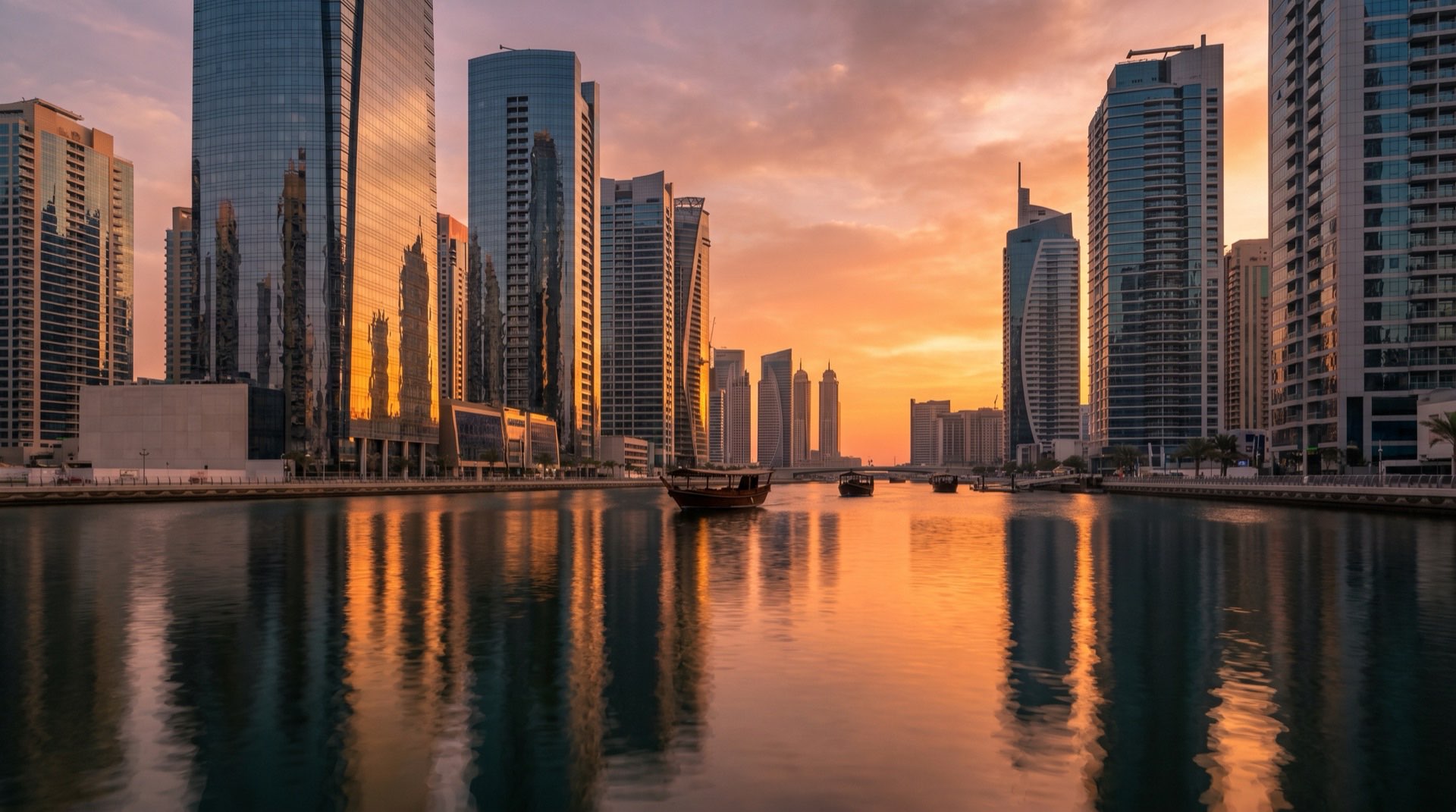 Moderner Wohnturm in Dubai Business Bay im goldenen Abendlicht, Blick auf die Skyline vom oberen Stockwerk