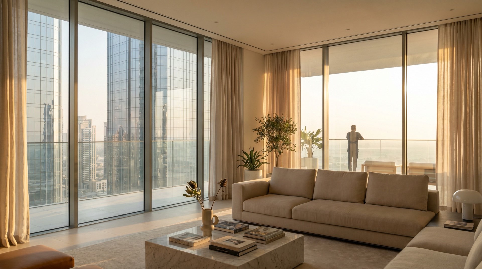 Moderne Hochhausfassade in Dubai im goldenen Abendlicht, Blick von unten in die Glasstruktur