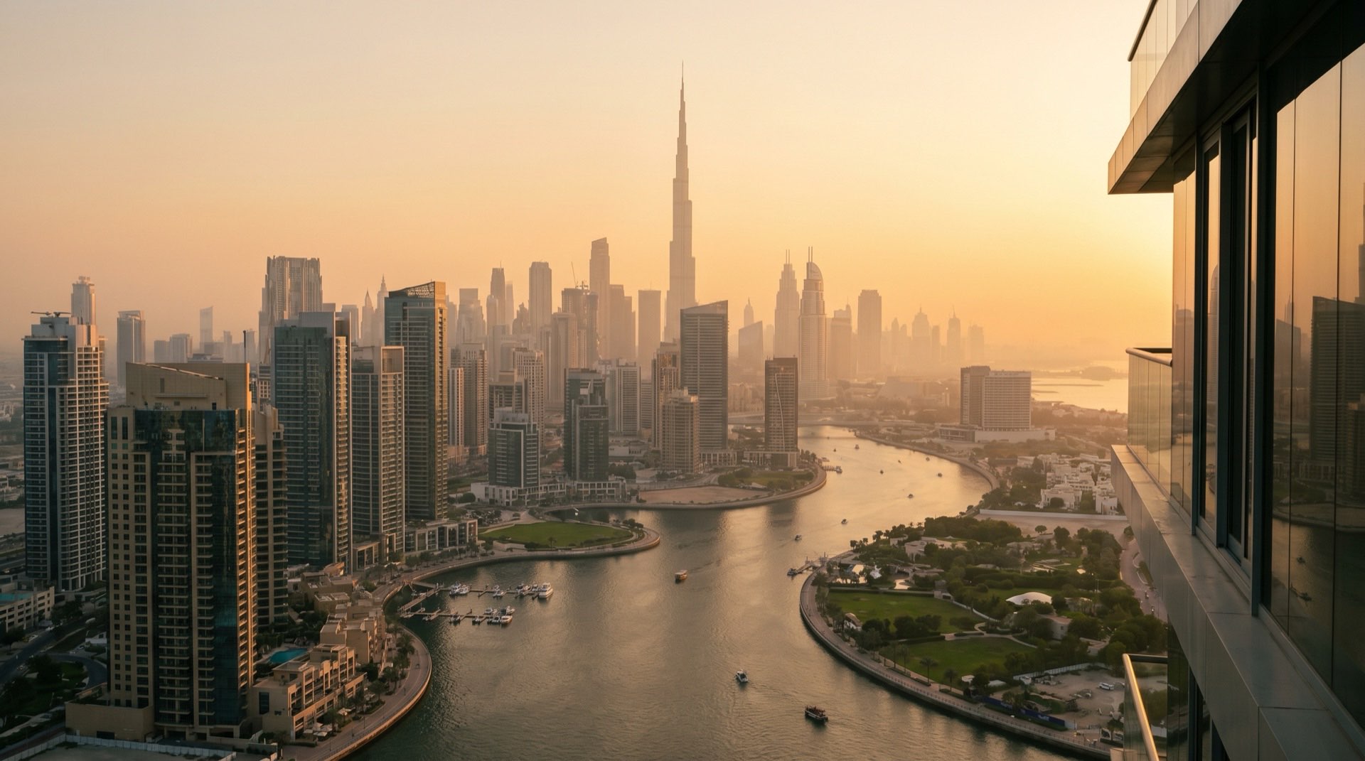 Moderne Wohnhochhäuser in Dubai bei Abenddämmerung, goldenes Licht auf Glasfassaden
