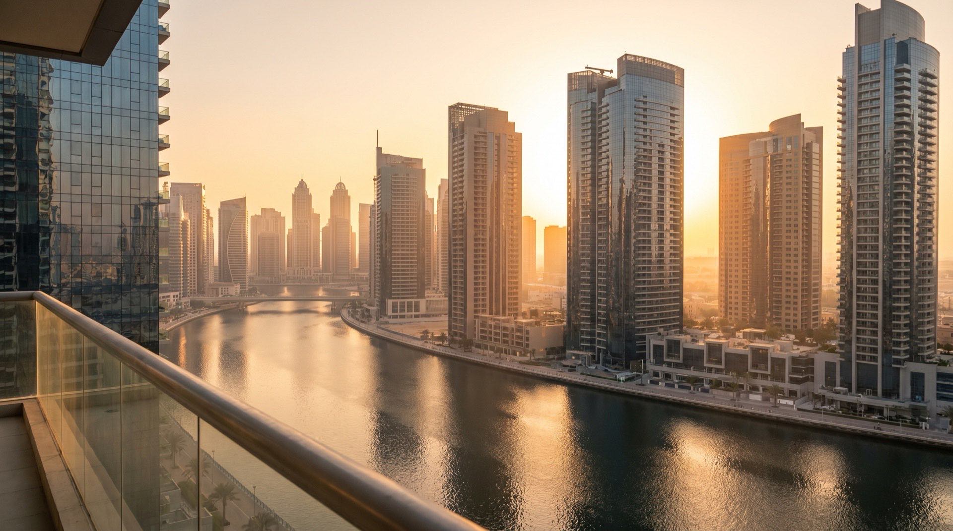 Moderne Hochhausfassaden in Dubai im goldenen Abendlicht, klarer Himmel, ruhige Komposition
