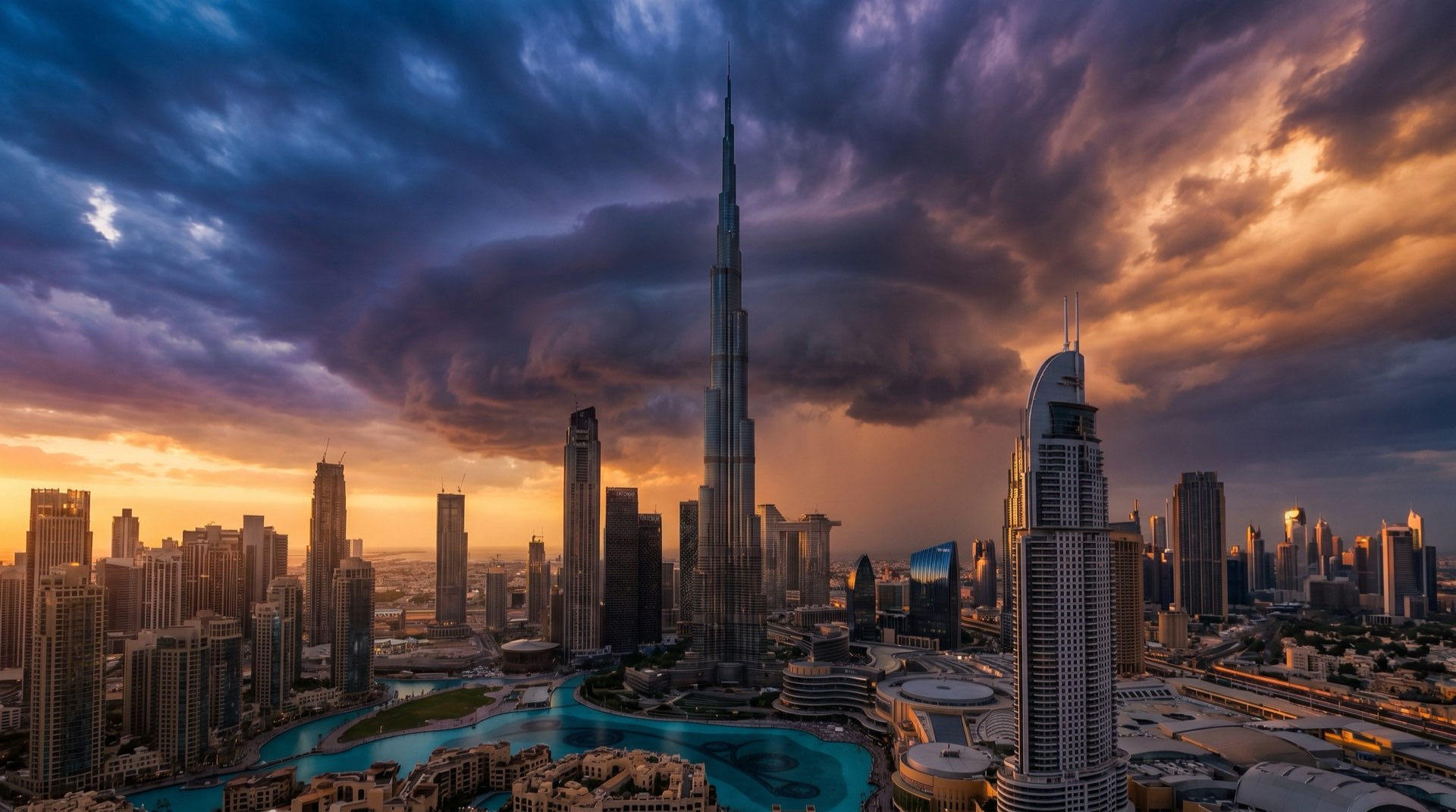 Dubai-Skyline bei Sonnenuntergang mit Wolkenkratzern im goldenen Abendlicht, Blick über das ruhige Wasser der Marina