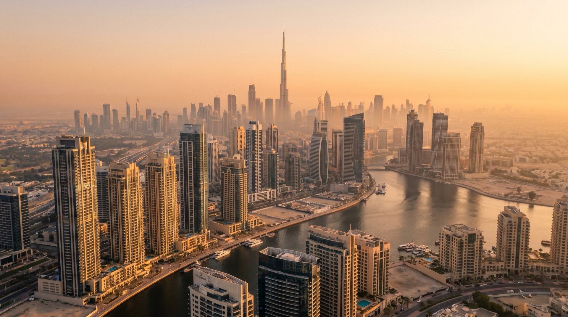 Moderne Wohnresidenz am Wasser in Dubai im goldenen Abendlicht, Business Bay Waterfront