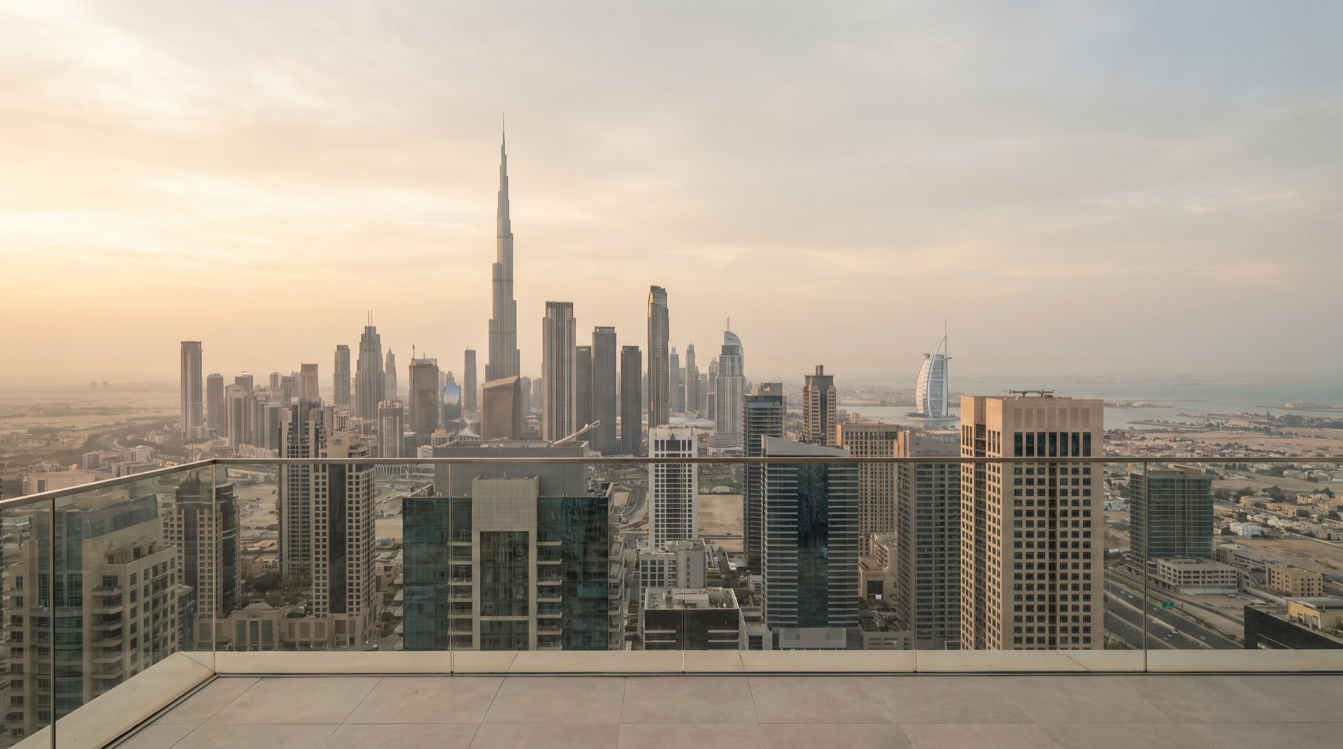 Moderne Waterfront-Skyline in Dubai im Abendlicht, Hochhäuser mit Glasfassaden spiegeln sich im Wasser