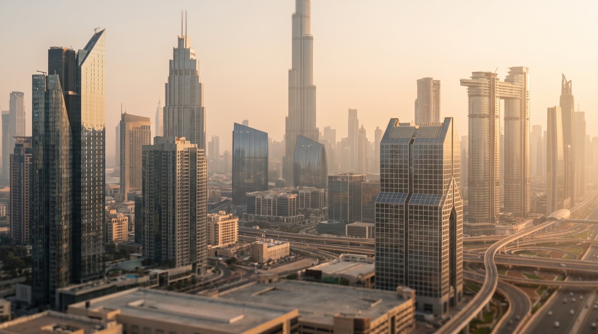 Modernes Hochhaus in Dubai im goldenen Abendlicht, ruhige Architektur-Komposition ohne Text oder Personen