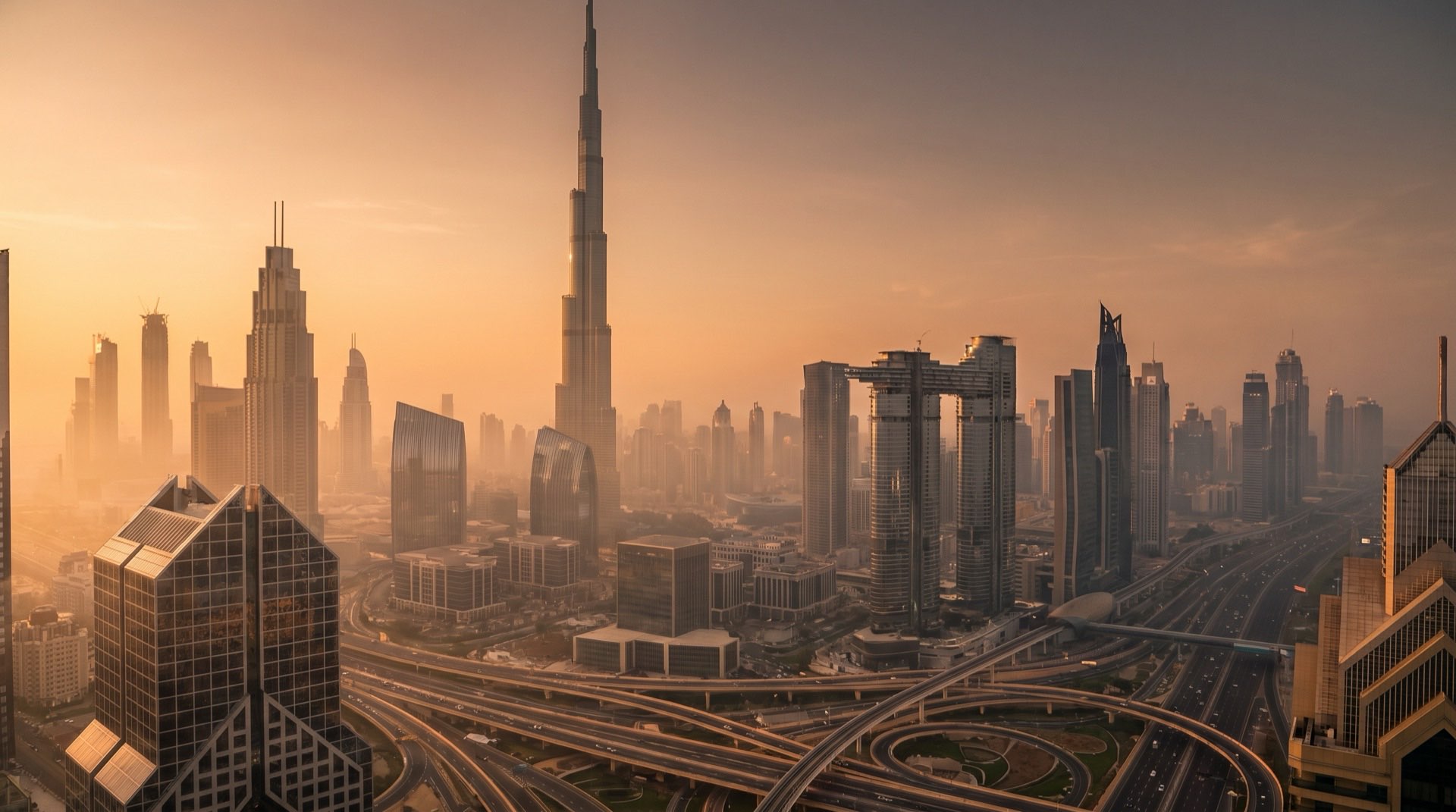 Moderne Hochhausarchitektur in Dubai im goldenen Abendlicht, Blick auf das Wasser