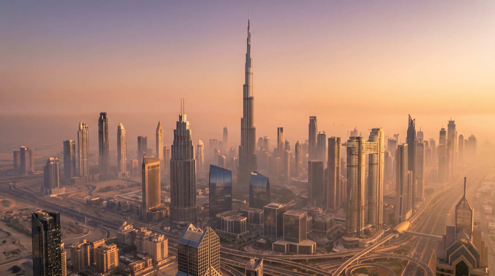 Modernes Wohnhochhaus in Dubai bei Abendsonne, Glasfassade mit Spiegelung des Himmels, klare Architekturlinie