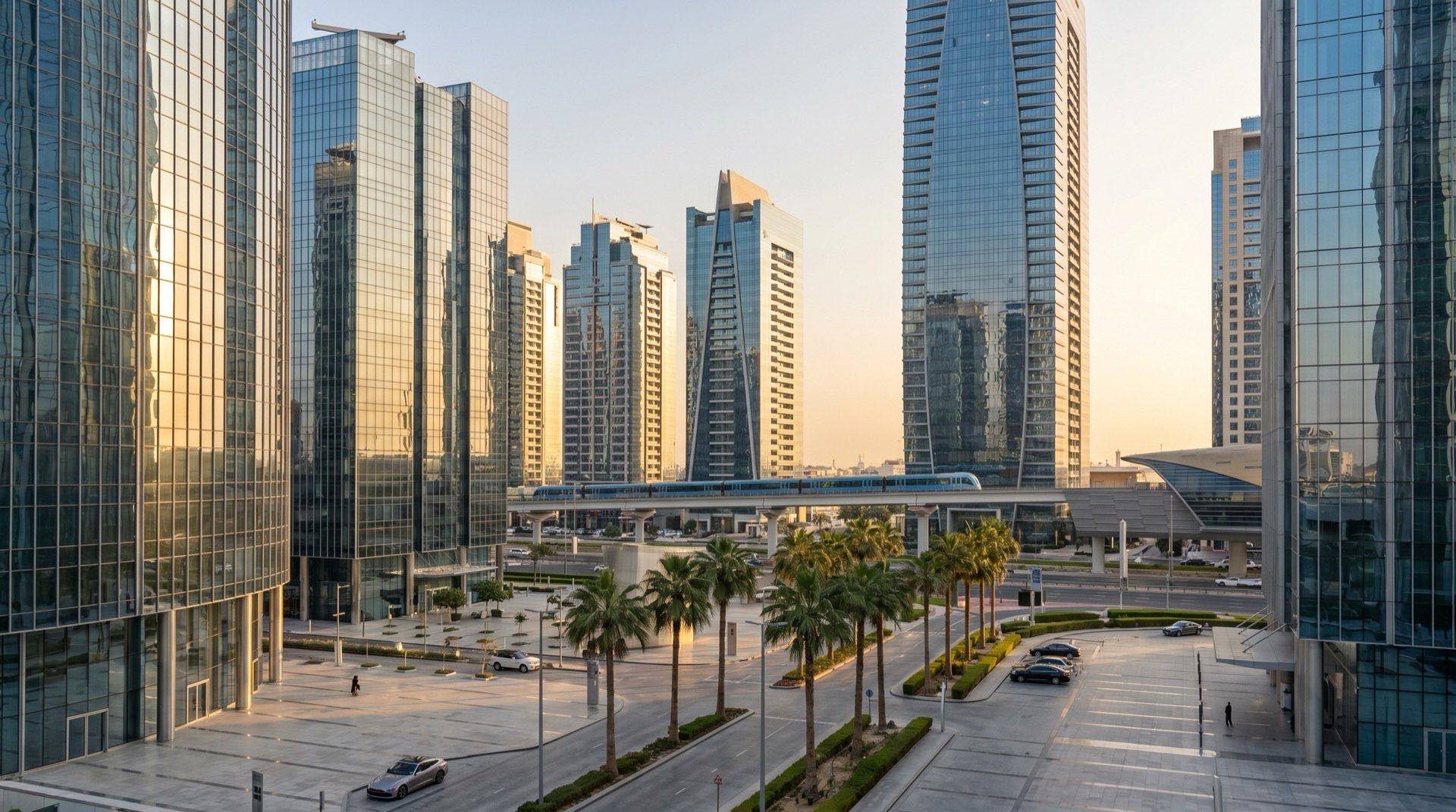 Moderner Wohnhochhaus-Turm in Dubai in der goldenen Stunde, verschiedene Stockwerke mit Licht- und Schattenspiel auf der Glasfassade