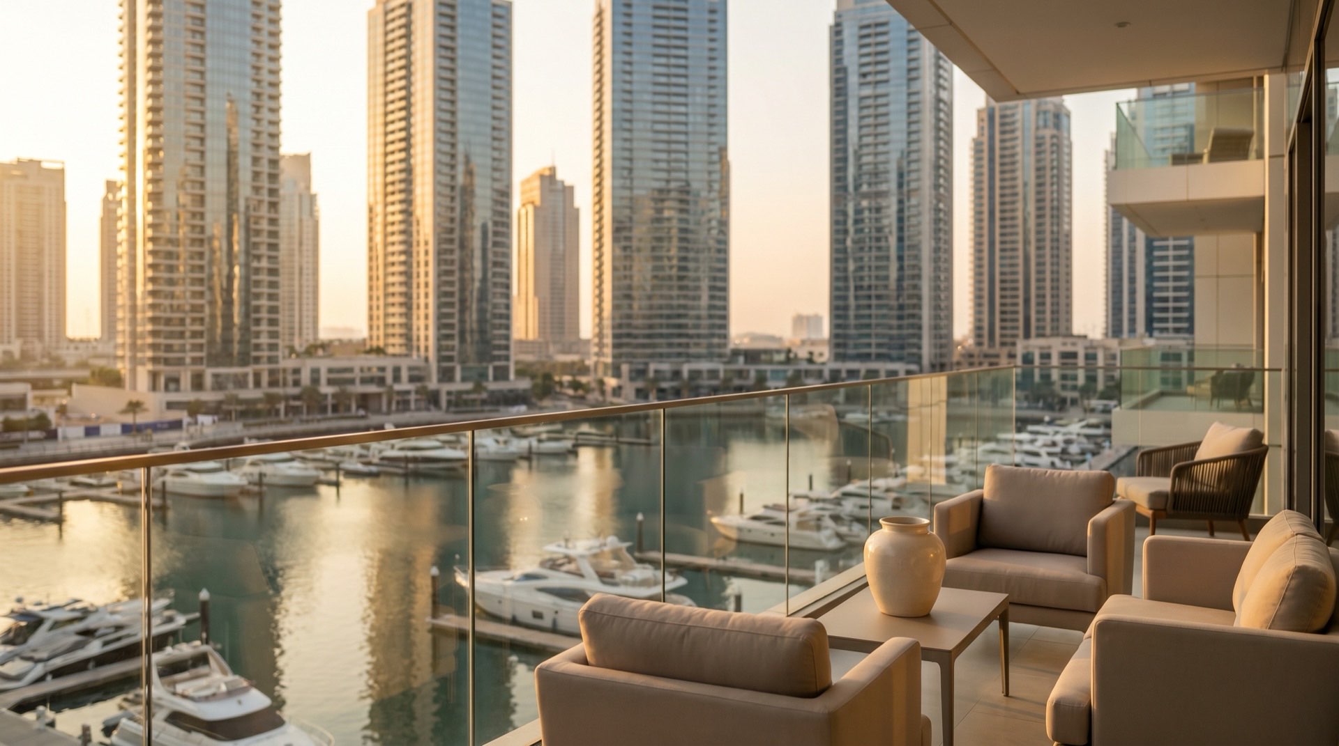 Moderne Hochhaus-Architektur in Dubai im Morgenlicht, Glasfassaden mit Spiegelungen, ruhige Promenade im Vordergrund