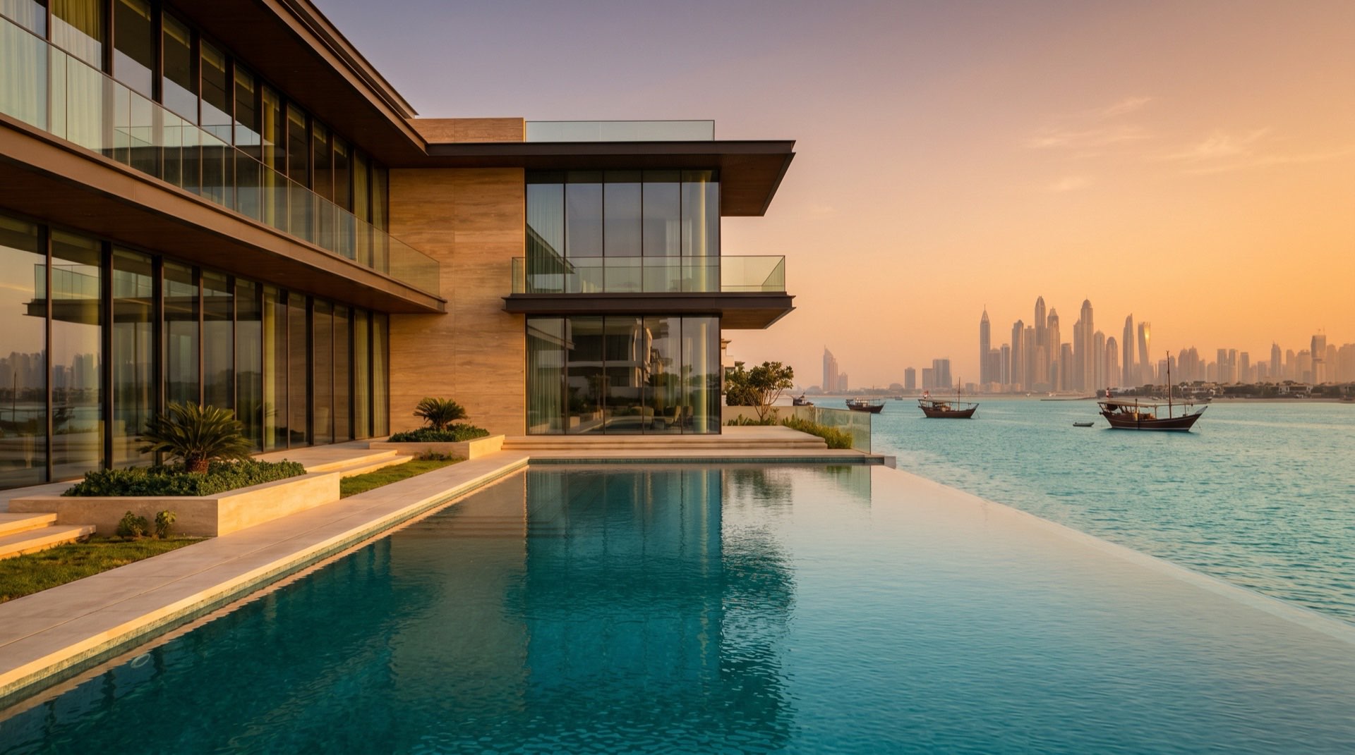 Moderne Waterfront-Villa in Dubai mit privatem Pool und Blick auf die Skyline bei Abenddämmerung