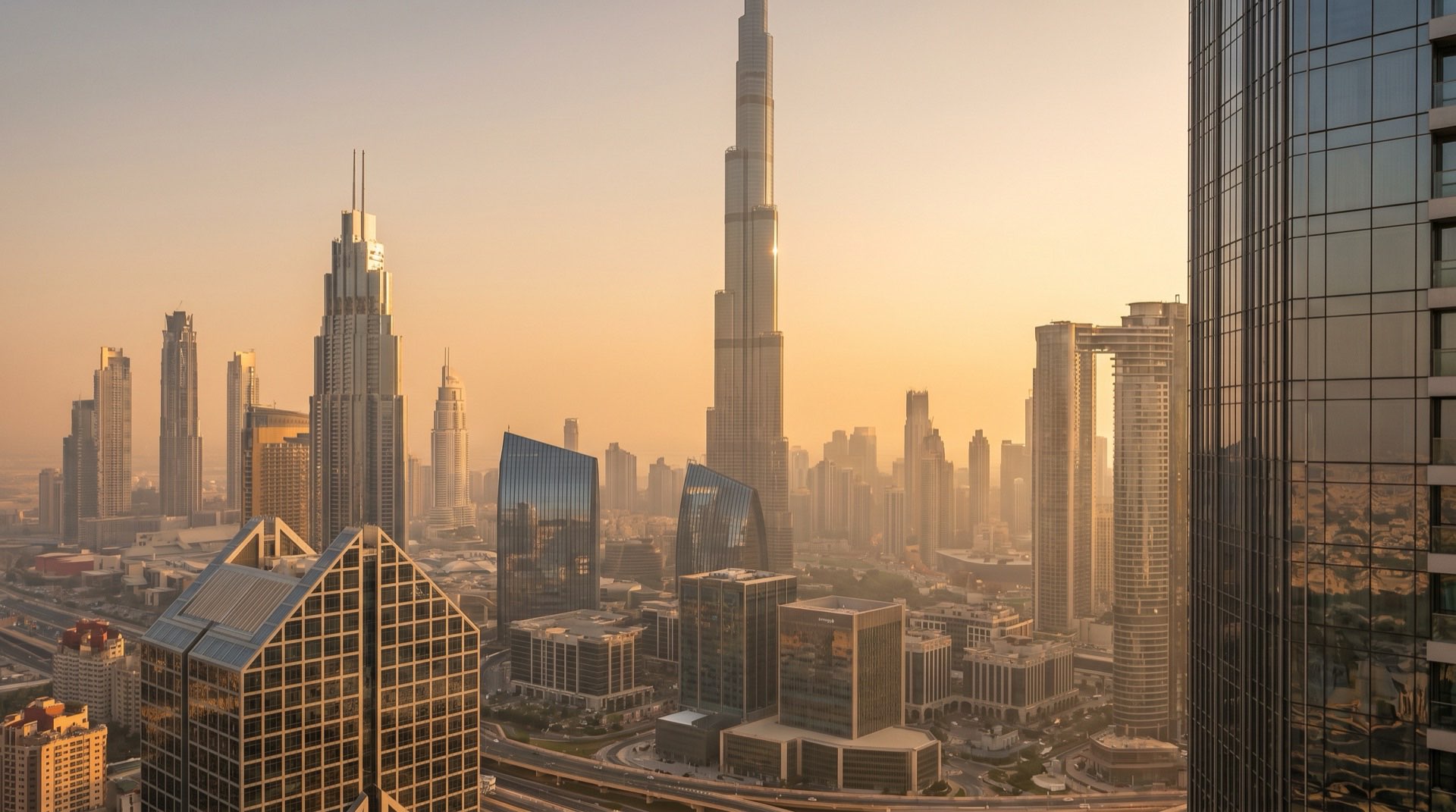 Moderner Wohnturm in Dubai im goldenen Abendlicht, fotografiert aus der Froschperspektive mit klarer Fassadenstruktur
