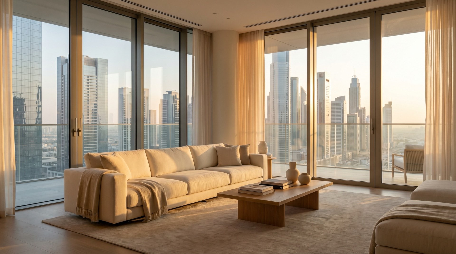 Modernes Hochhaus in Dubai im goldenen Abendlicht, fotografiert von der Straße aus nach oben, spiegelnde Glasfassade