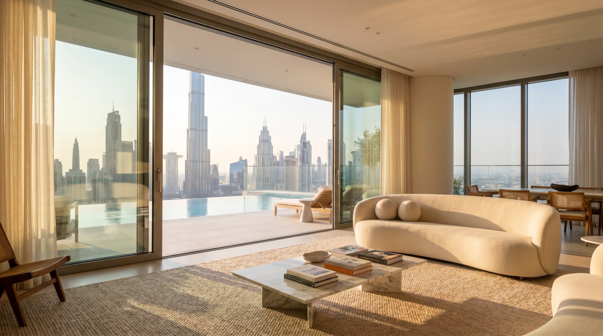 Moderne Wohnanlage in Dubai im Abendlicht, Außenbereich mit Wasserfläche und Palmen, goldene Stunde