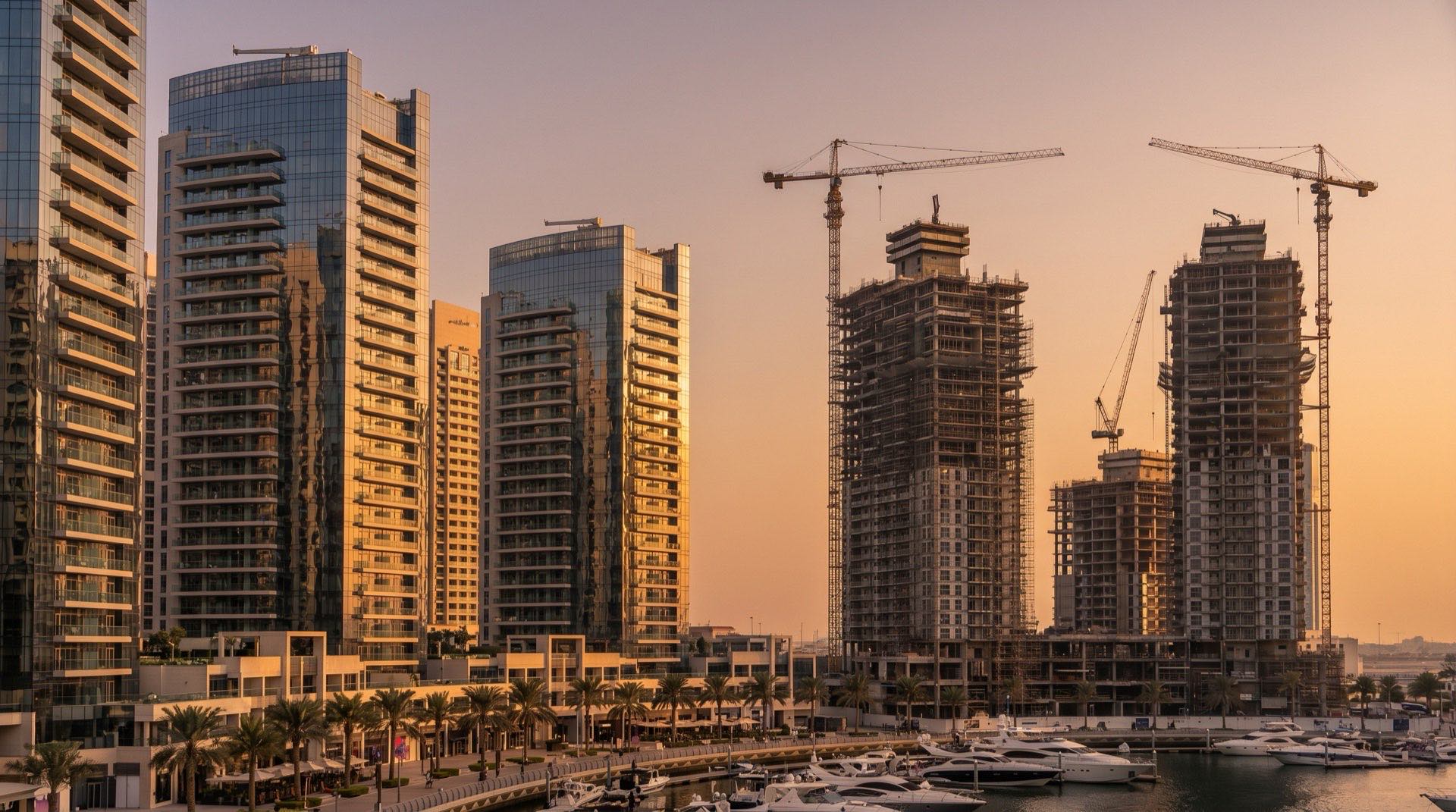 Moderner Wohnturm im Bau neben fertiggestelltem Gebäude in Dubai, goldenes Nachmittagslicht