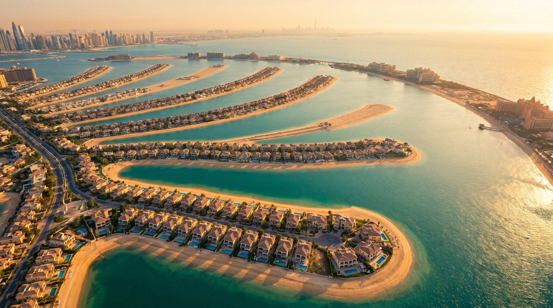 Drohnenaufnahme des Palm Jumeirah bei goldenem Abendlicht, Villen auf den Fronds mit Wasserreflexionen im Vordergrund