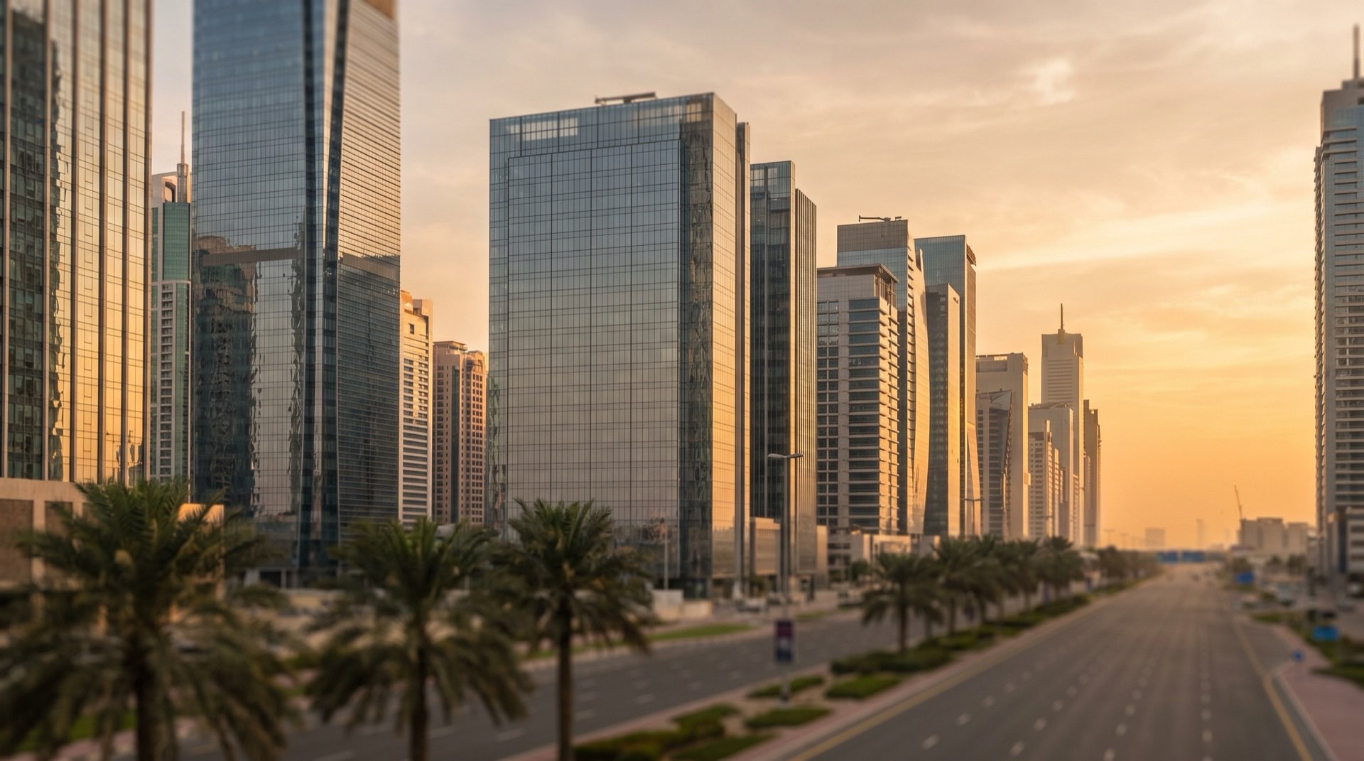 Modernes Wohnhochhaus in Dubai bei goldenem Nachmittagslicht, klare Glasfassade, ruhige editoriale Komposition