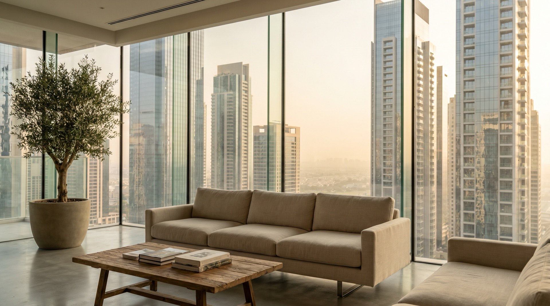 Blick von einer Hochhaus-Dachterrasse in Business Bay auf die Dubai-Skyline im goldenen Abendlicht, moderne Glasarchitektur im Vordergrund