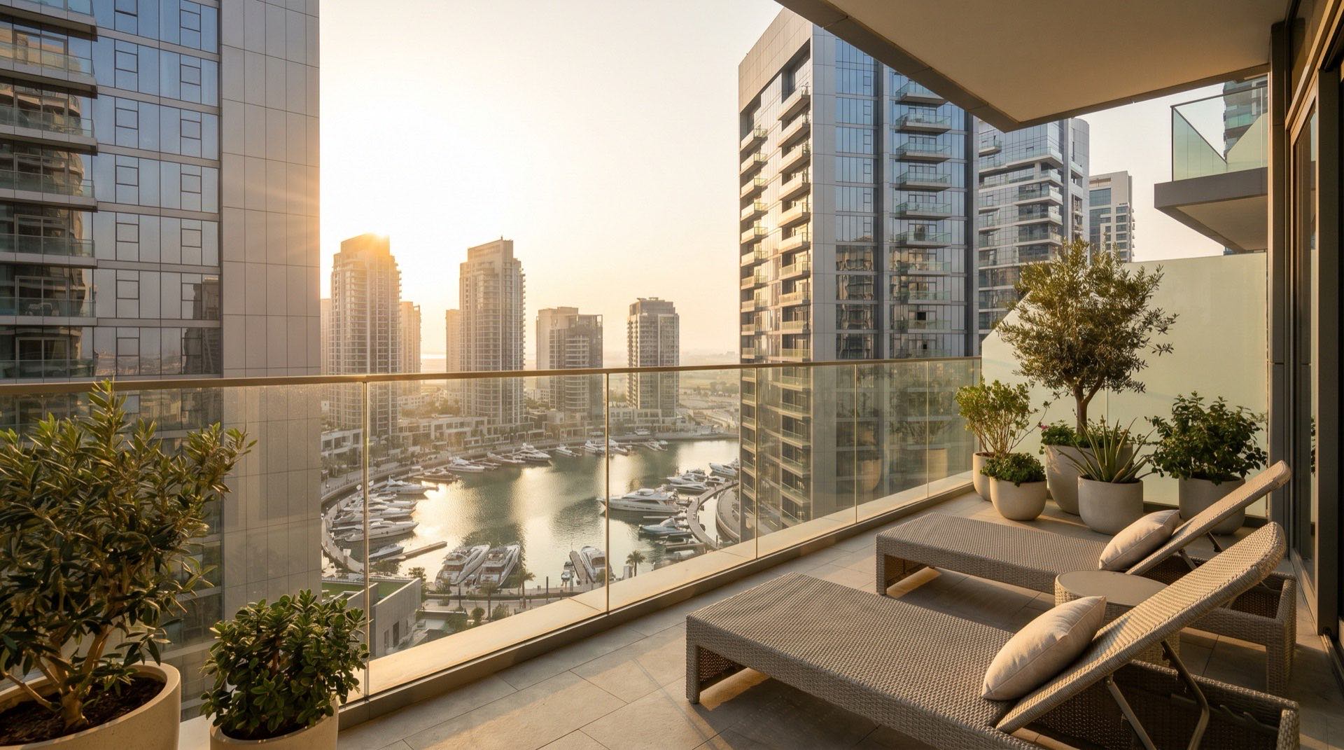 Moderne Wohnanlage in Dubai im goldenen Nachmittagslicht, Blick auf Fassade und Außenanlage