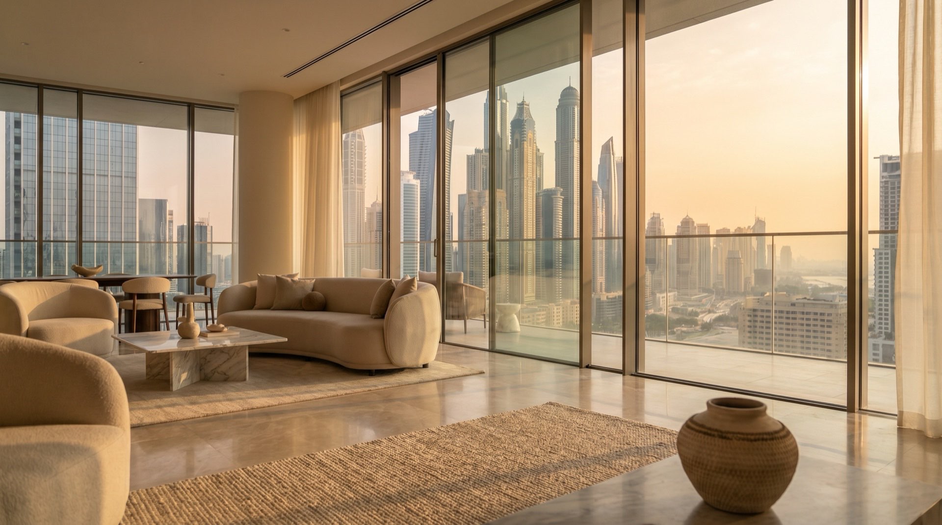 Moderne Hochhausfassade in Dubai im goldenen Nachmittagslicht, geometrische Architektur, Editorial-Perspektive